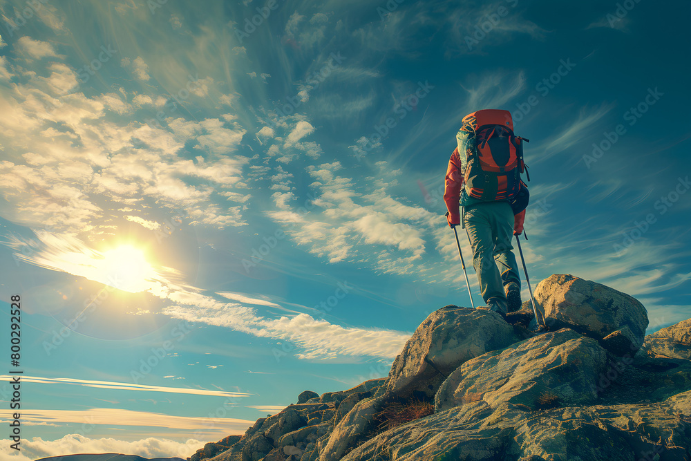 Obraz premium Hiker walking against the sky and sun, representing the concept of hiking and adventure.