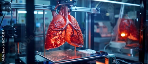 Red human lungs model being created by a 3D printer in a laboratory photo