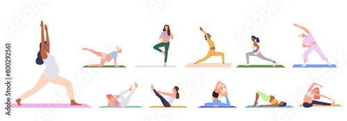 Happy healthy slim woman cartoon characters set doing sport activities at yoga or pilates class