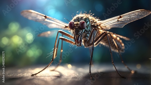 A macro shot of a hyper-realistic mosquito, its iridescent wings shimmering in the sunlight as it hovers menacingly in the air. © Shani Studio
