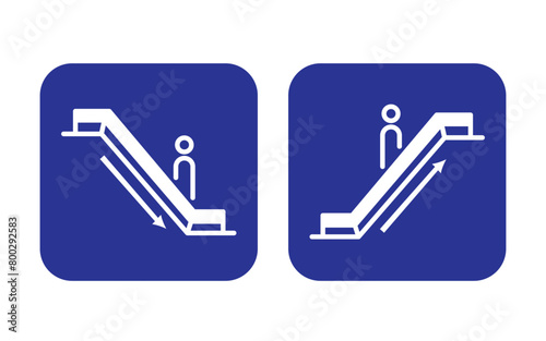 Blue and white escalator up and down stairs sign age banner illustration isolated on square ratio background. Simple flat poster banner drawing for prints.