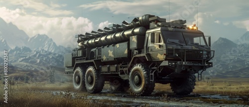 Military missile launcher truck at sunset