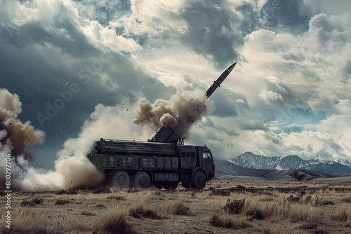 Military missile launcher truck at sunset photo