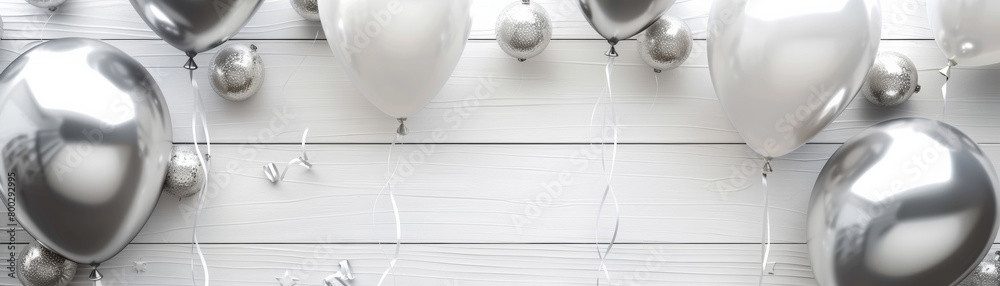 Silver balloons and empty white card on wooden background Silver balloons and empty white card on wooden background