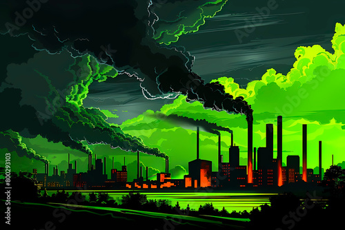 An impactful 3D, illustration showing a city silhouette under a dark sky filled with pollution, highlighting environmental concerns