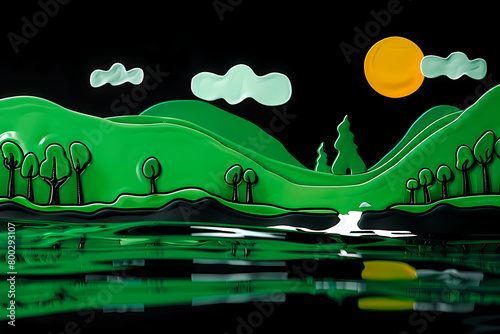 This 3D, illustration portrays a serene green landscape with reflective water, whimsical clouds, and a warm sun Ideal for conceptual art themes