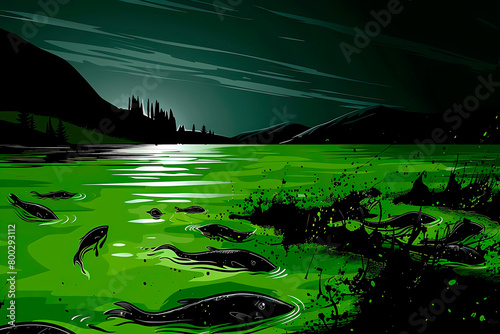 This 3D illustration depicts a serene nighttime landscape, with fish swimming in a dark lake surrounded by mountains
