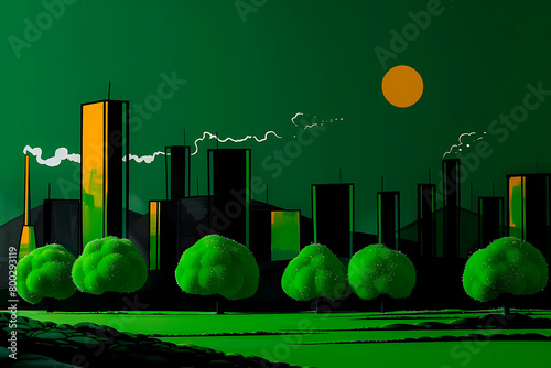 A 3D illustration showcasing a scene with modern green buildings under an orange sun, reflecting an eco-friendly urban concept