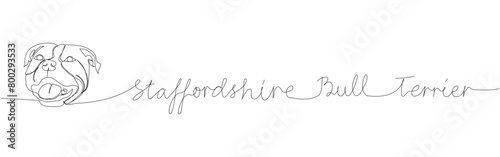 Staffordshire Bull Terrier, English Staffy, dog breed, companion dog one line art. Continuous line drawing of friend, dog, doggy, family, canine with inscription, lettering, handwritten..