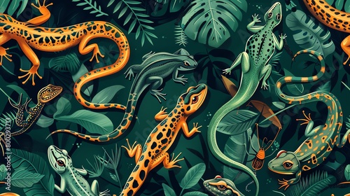 Reptiles and amphibians seamless pattern, deep jungle green background, striking cover for a herpetology magazine, top view photo