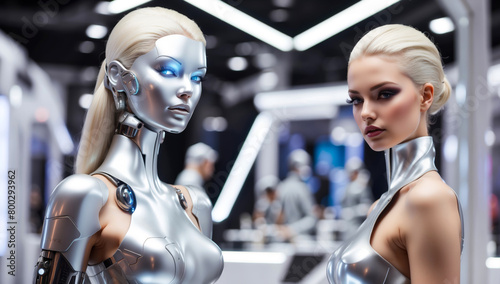 A female model with her robot copy