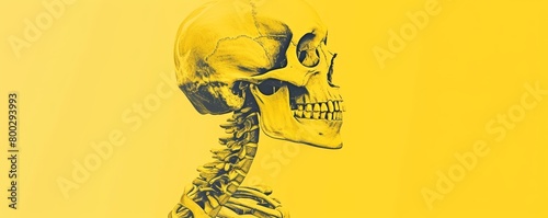 Side profile of a human skull and spine on a yellow background photo
