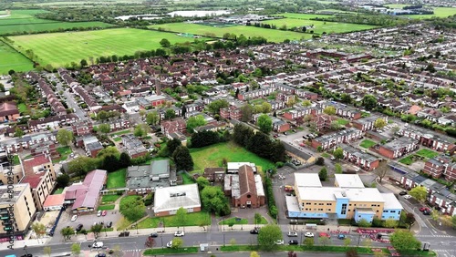 Reverse aerial view of a church in Hainault photo