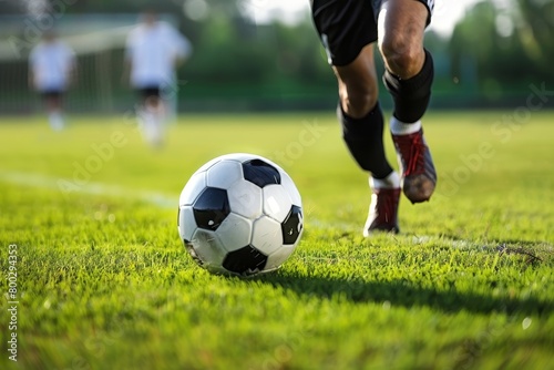 Soccer player kicking ball with empty space