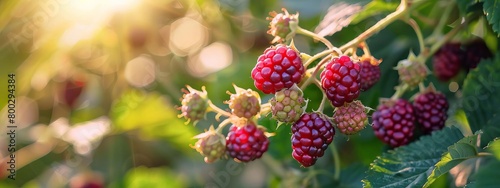 Blackberries grow in the garden. Ripe and unripe blackberries on bush Generative AI 
