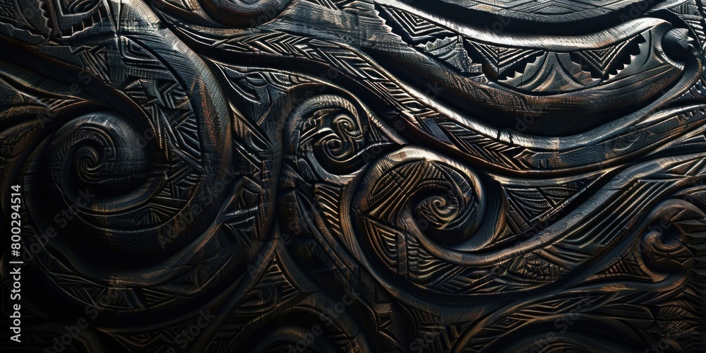Maori carving design on wood, typical for Maori cultural artifacts, Matariki, banner, copy space Maori carving design on wood, typical for Maori cultural artifacts, Matariki, banner, copy space