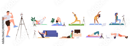 People sports blogger cartoon characters streaming training workout on internet in social media