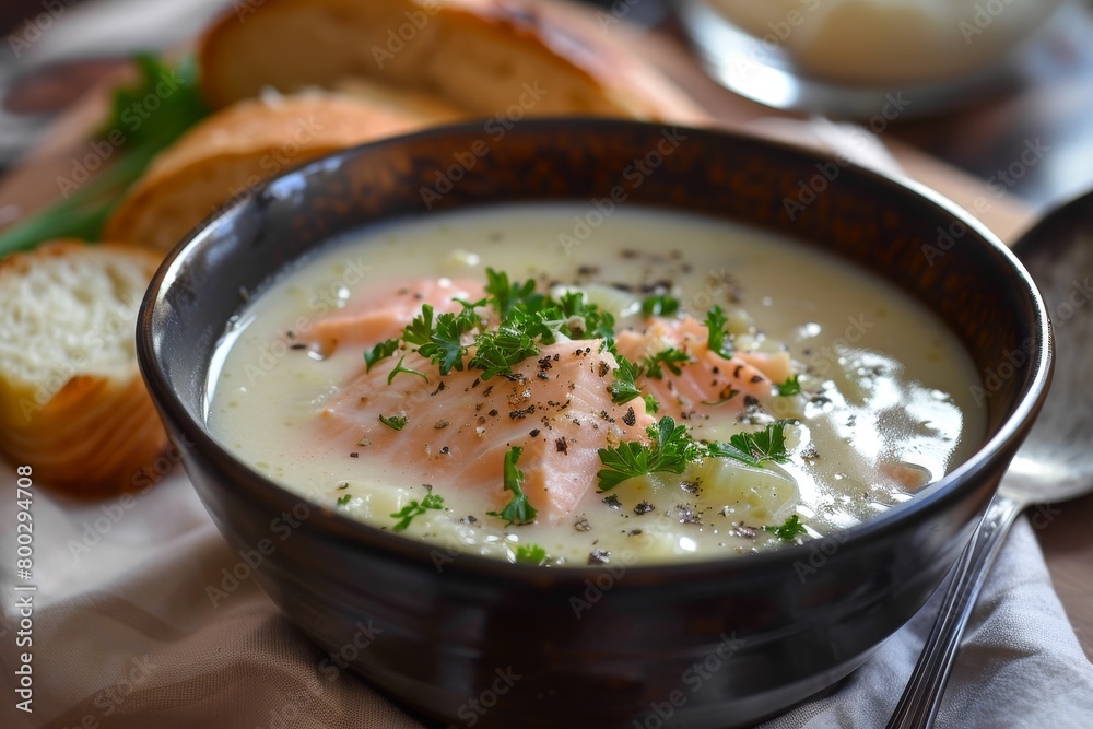Salmon and leek soup made at home