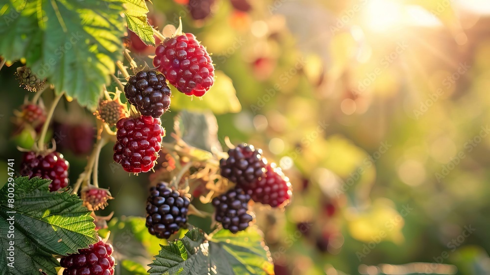 Blackberries grow in the garden. Ripe and unripe blackberries on bush Generative AI, Blackberries grow in the garden. Ripe and unripe blackberries on bush Generative AI,