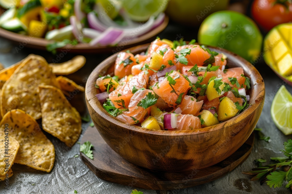 Salmon ceviche with mango and plantain chips in wooden bowl Salmon ceviche with mango and plantain chips in wooden bowl