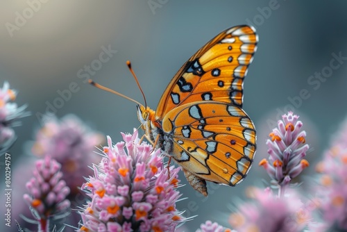 A vivid macro photograph of an orange butterfly perched delicately on purple flowers, showcasing the intricate detail and beauty of nature © Dacha AI