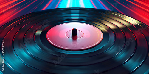 Abstract neon vinyl record spinning on dj turntable on black background
