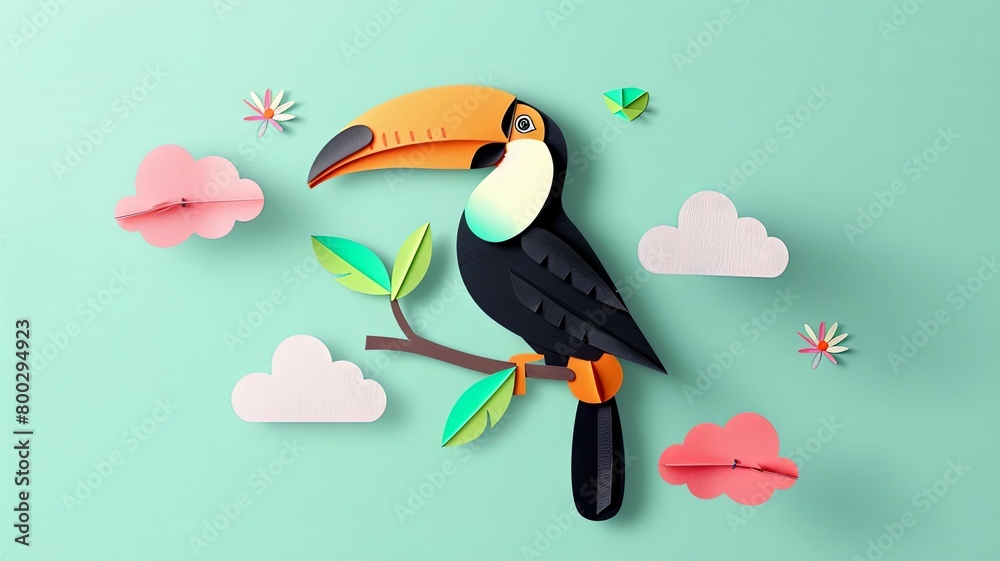 Naklejka premium Vibrant Toucan Perched Amidst Pastel Clouds and Mint Green Backdrop in Playful Paper Collage Style