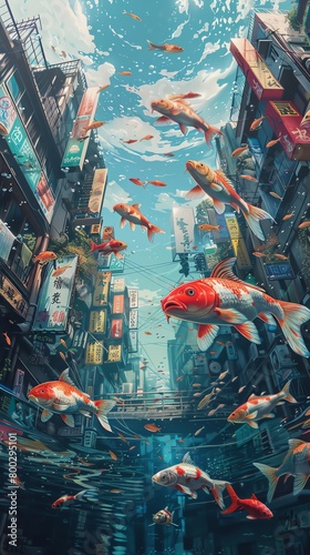 Explore the intersection of marine life and urban culture as colorful fish swim through graffiti-covered streets, seen from dramatic, unexpected angles in a finely detailed watercolor style
