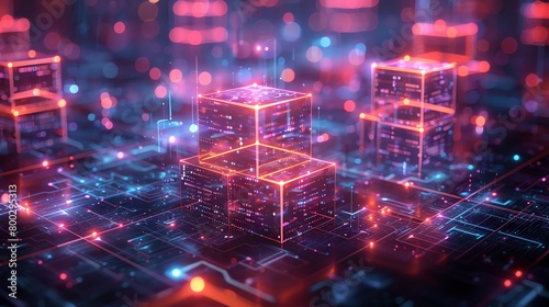 A glowing 3D rendering of a circuit board with glowing red and blue cubes