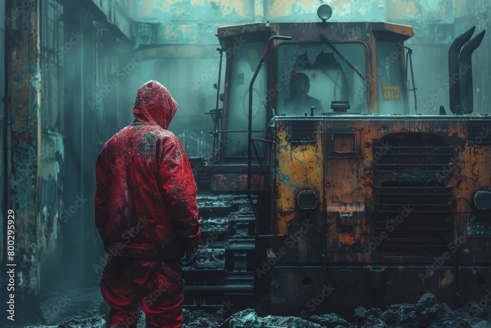 A solitary figure in red stands facing a weathered yellow bulldozer amongst urban decay A solitary figure in red stands facing a weathered yellow bulldozer amongst urban decay