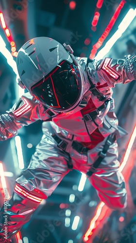 Explore a worms-eye view of a dancer in a metallic exoskeleton suit, executing fluid breakdance moves Incorporate neon lights to enhance the futuristic feel, focusing on intricate details of the suit