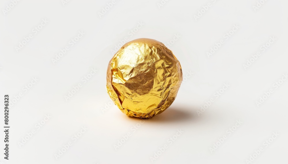 Single chocolate ball candy in gold foil wrapper isolated on white viewed from the front Single chocolate ball candy in gold foil wrapper isolated on white viewed from the front
