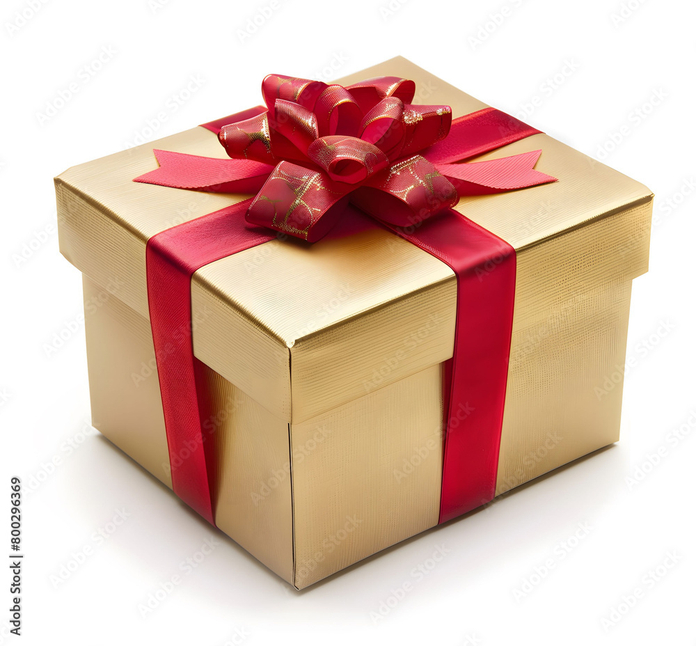 Obraz premium Golden gift box with a red ribbon bow on a white background 