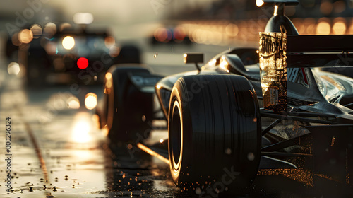 Closeup of F1 racing tires on the wet track photo