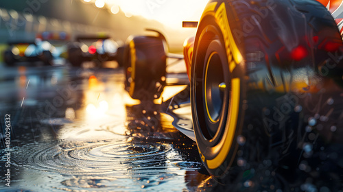 Closeup of F1 racing tires on the wet track