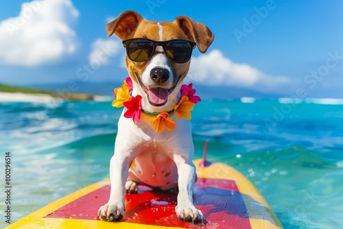 Adorable dog surfing on ocean wave in stylish sunglasses and floral lei on summer vacation © Ilja