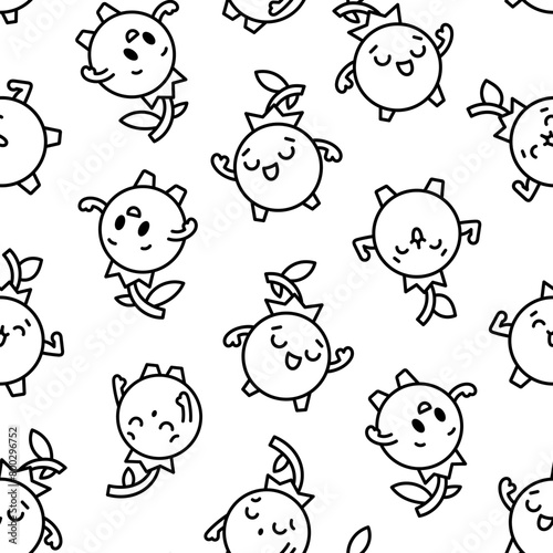 Kawaii blueberry cartoon character. Seamless pattern. Coloring Page. Cute fruit in different emotion. Hand drawn style. Vector drawing. Design ornaments.