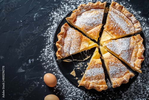 Sliced Bougatsa pie with custard cream top view on black background