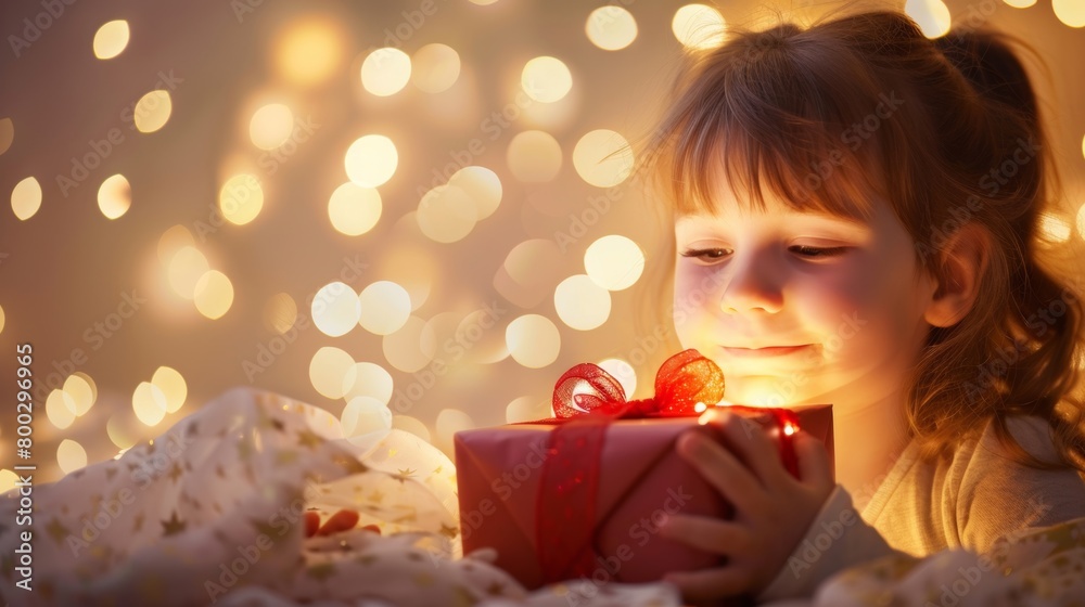 A young girl with a tender smile holding a Christmas present, illuminated by golden festive lights. A young girl with a tender smile holding a Christmas present, illuminated by golden festive lights.