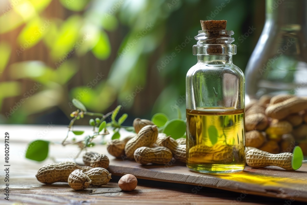 Small bottle of peanut oil for natural skin and hair care skincare concept No words Small bottle of peanut oil for natural skin and hair care skincare concept No words