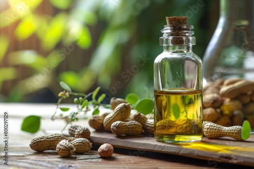 Small bottle of peanut oil for natural skin and hair care skincare concept No words