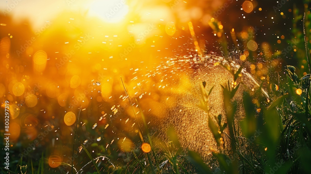 Golden sunset illuminating a lush green field with water droplets sparkling in the light.