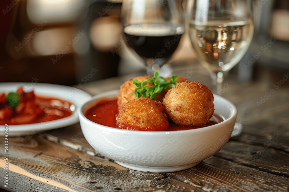 Small white porcelain bowl of Italian arancini with cheesy potato rice balls and red marinara sauce on wooden dining table with white wine Small white porcelain bowl of Italian arancini with cheesy potato rice balls and red marinara sauce on wooden dining table with white wine