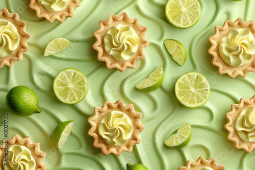 Delicious Lime Tarts Arranged on a Vibrant Green Background, Top View, Flat Lay Concept for Food Photography