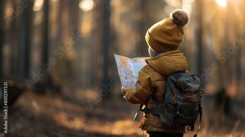 Wallpaper Mural Young child in a winter jacket holding a map in a sunlit forest. Torontodigital.ca