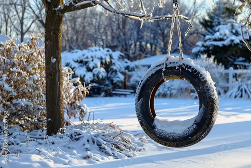 Snow covered tire swing in the winter backyard