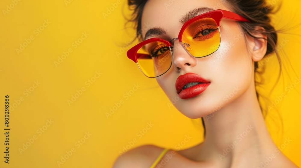 Fototapeta premium young woman with red and yellow sunglasses generative ai