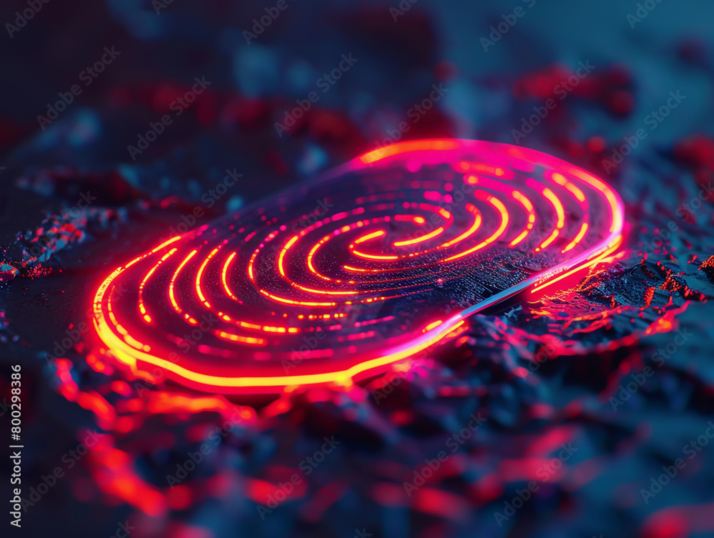 The bright neon traces of a fingerprint unlock a dynamic 3D universe where personal data and digital realms merge in vibrant harmony. Generative ai.