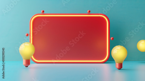 A contemporary 3D rectangular red frame with spherical light bulbs against a blue background photo