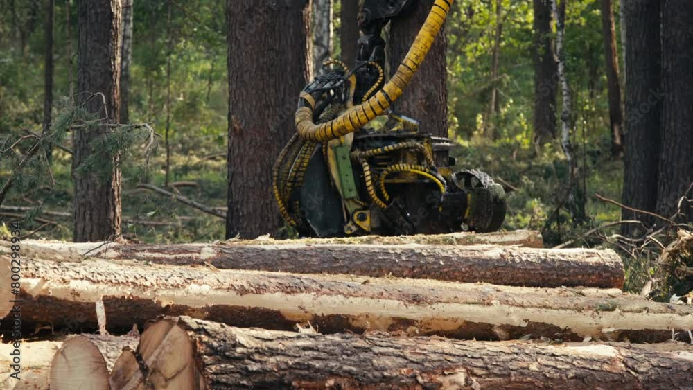 Heavy Tree Felling Machine Sawing Pine Material In A Forest. Industrial ...